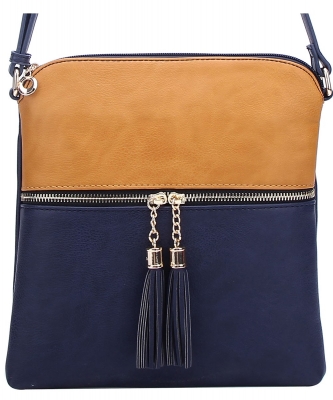 Fashion Puzzle Tassel Zip Pocket Crossbody Bag LP062S MUSTARD/SEA